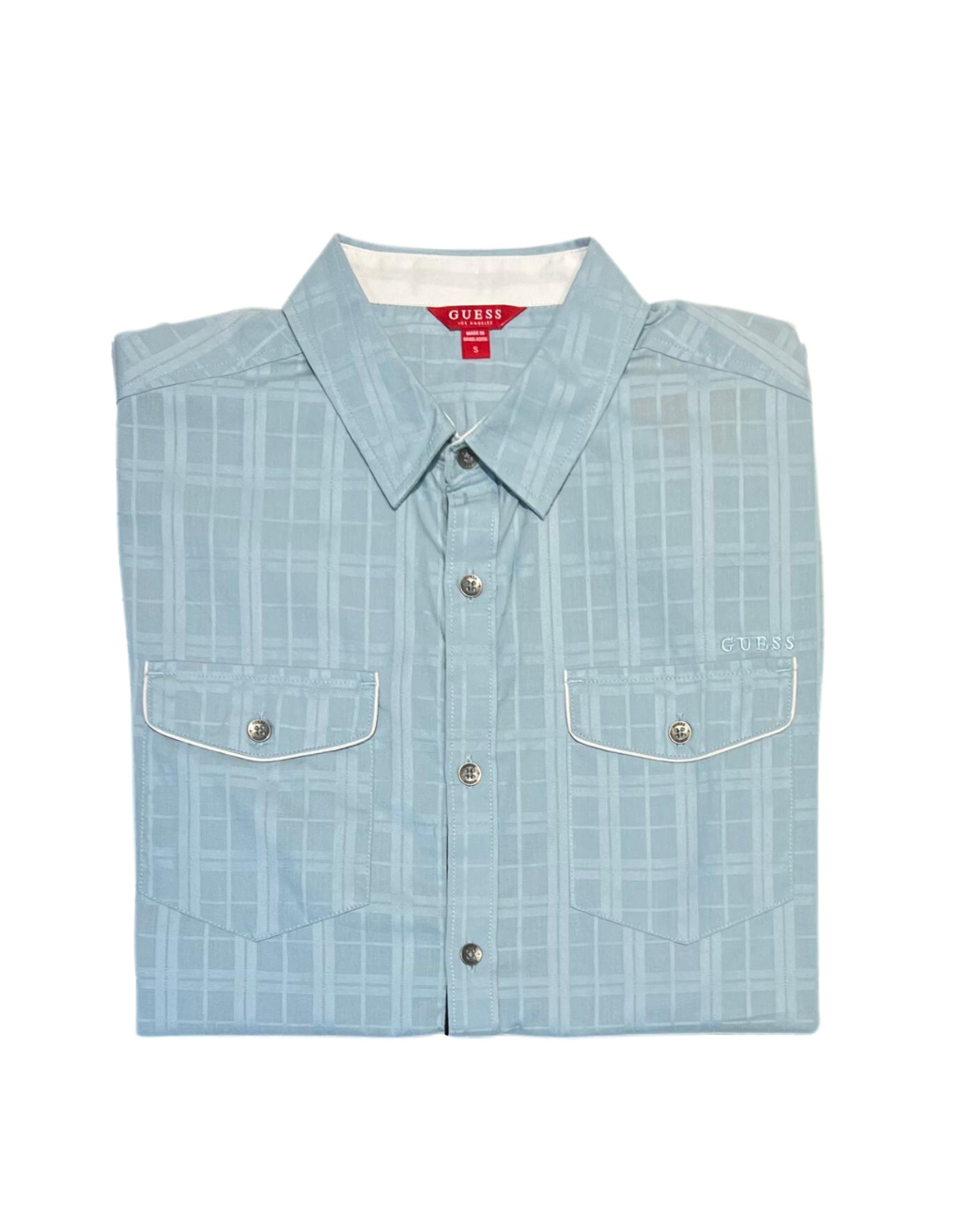 Men's Guess Dorne 2 Pocket Textured Short Sleeve Shirt (Light Blue/White)