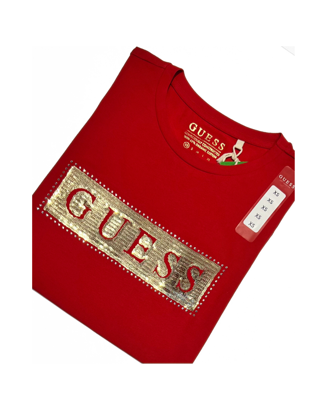 Women's Guess Steel Sequin Foil Short Sleeve T-Shirt (Rugby Red/Gold) - Image 2