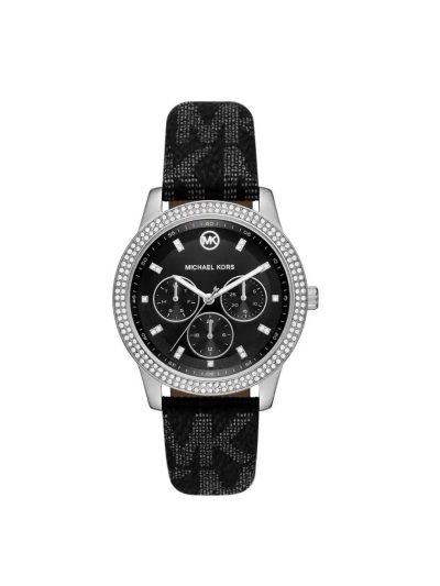 Women's Michael Kors Logo Leather Watch (Black)