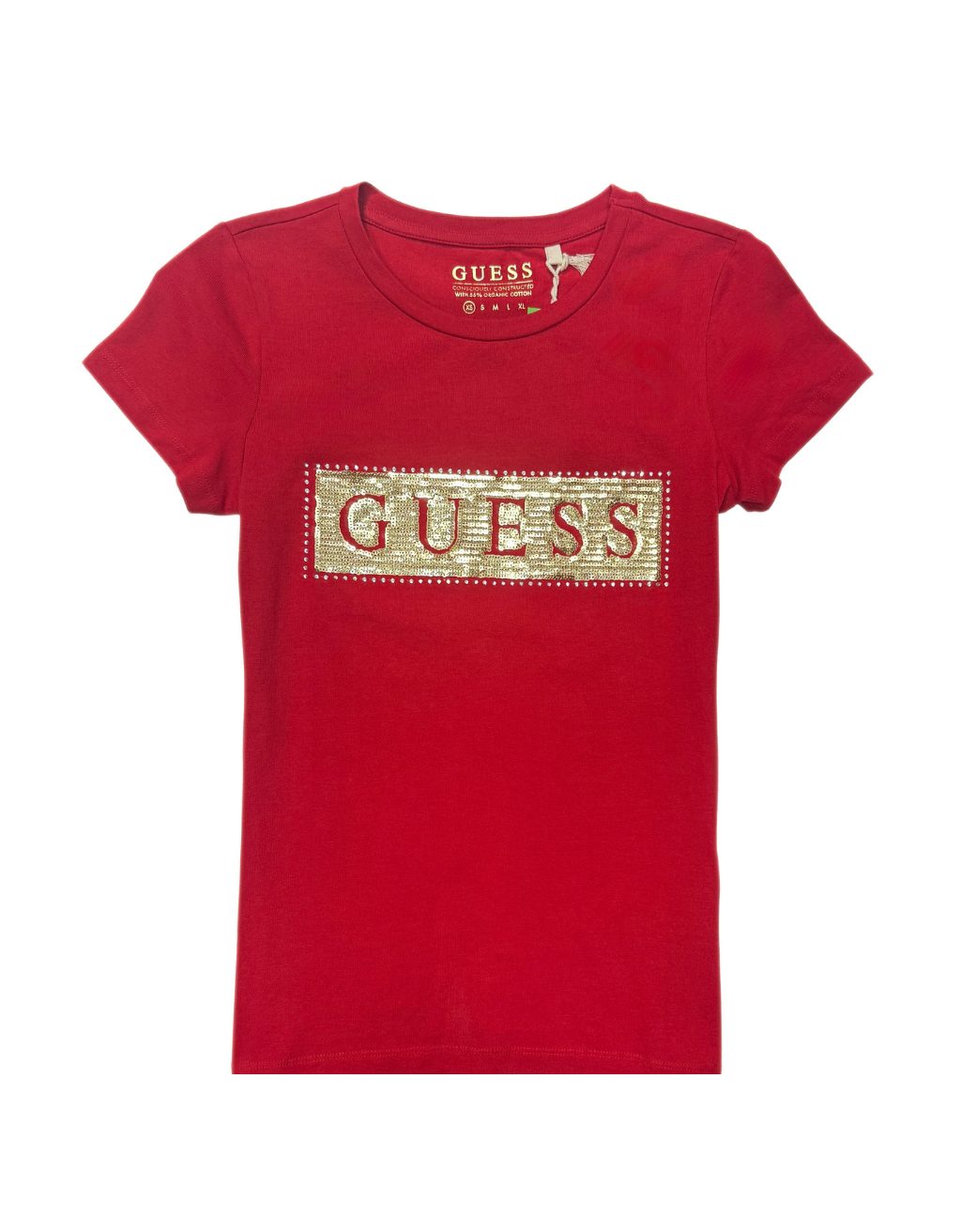Women's Guess Steel Sequin Foil Short Sleeve T-Shirt (Rugby Red/Gold)