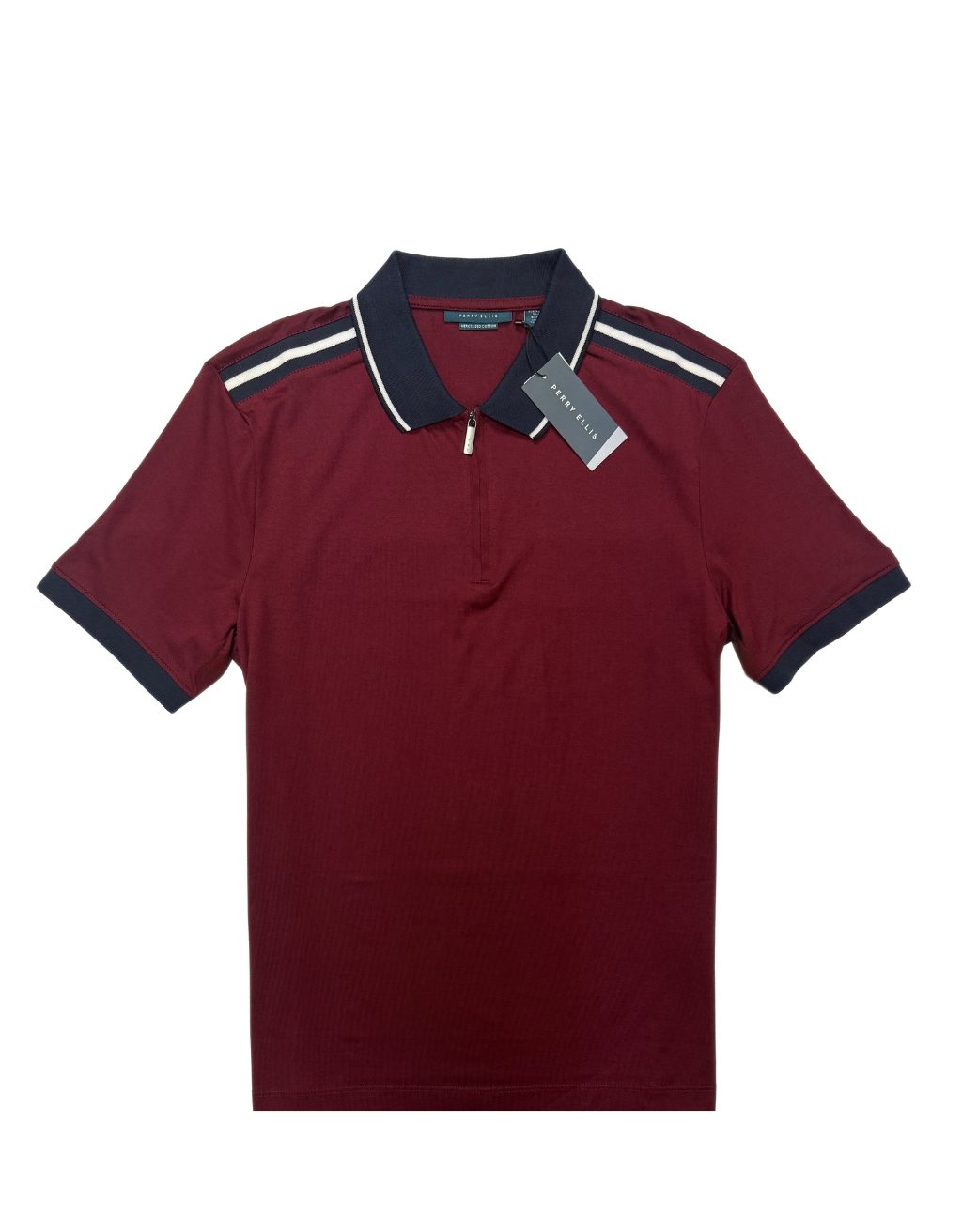 Men's Perry Ellis Short Sleeve Shoulder Tape Zip Polo (Cabernet)