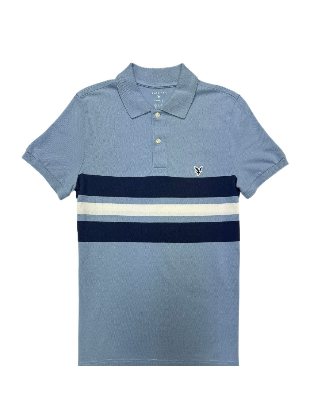 Men's American Eagle Short Sleeve Polo (Light Blue/White/Navy Blue Stripes)